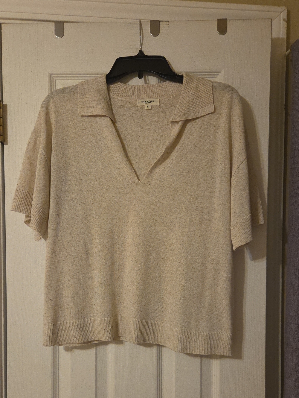 Max Studio Cream Short-Sleeve Knit Polo Sweater
